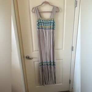 NATURAL LIFE Taupe Maxi Dress with Teal Yellow Embroidery